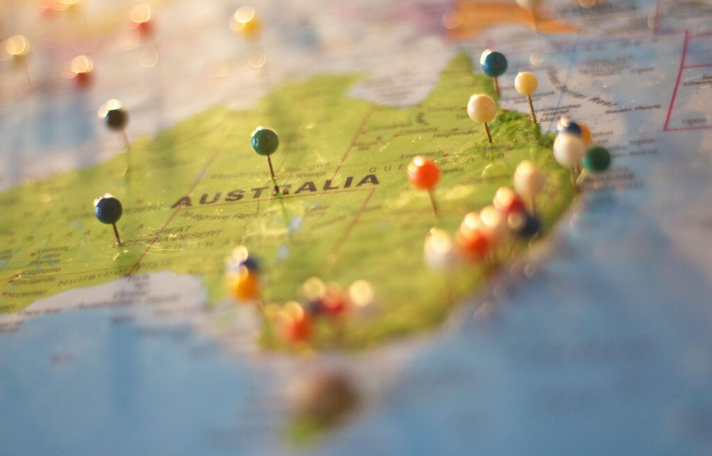australia map with travel pins